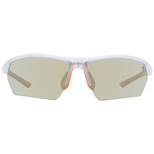 Front view of Timberland White Men Sunglass with white half-rim frame and green polarized lenses.