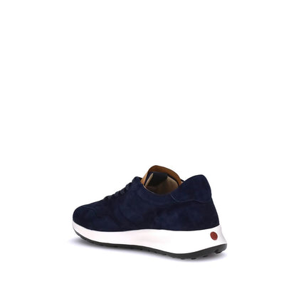 Tod's Blue Calf Leather Bos Taurus Low Top Sneakers showcasing side view with suede finish and lightweight sole.