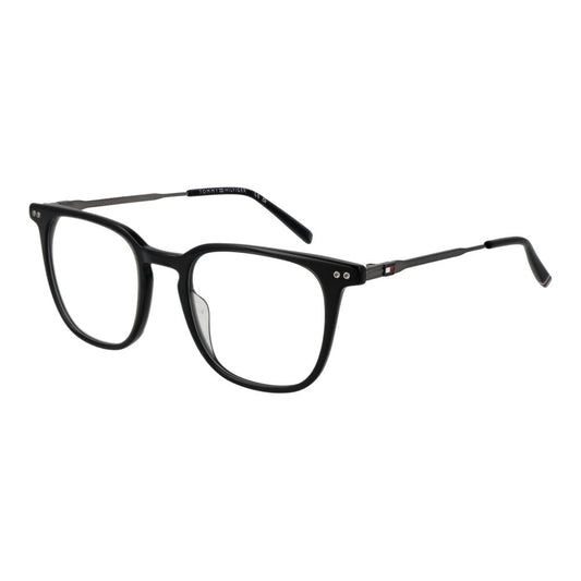 Tommy Hilfiger Black Acetate Glasses (Frames), full-rim black rectangle for men with demo lenses, size 50-21-145, no spring hinge.