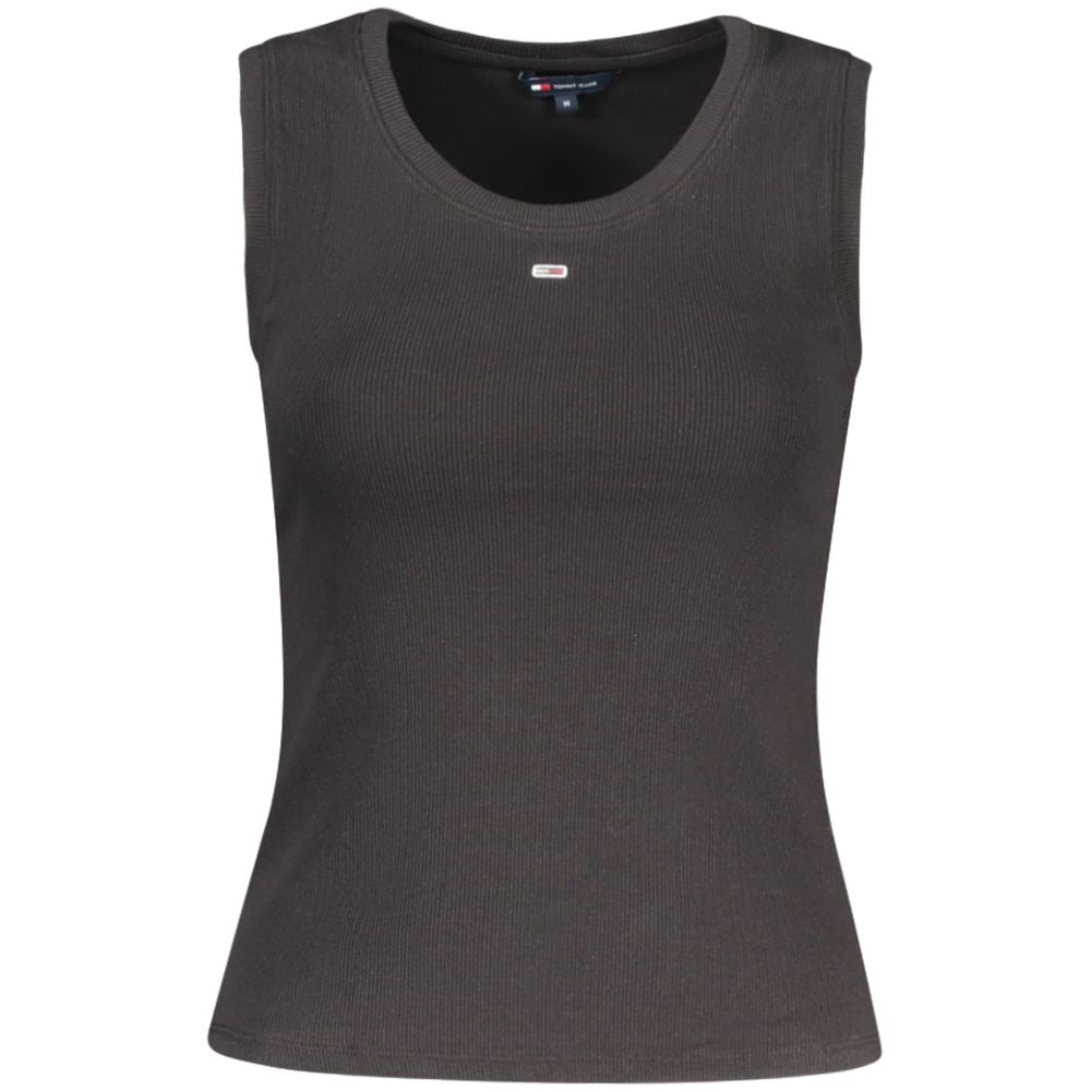 Tommy Hilfiger Black Cotton Tank Top with wide neckline and embroidered logo, made from 95% regenerative cotton.