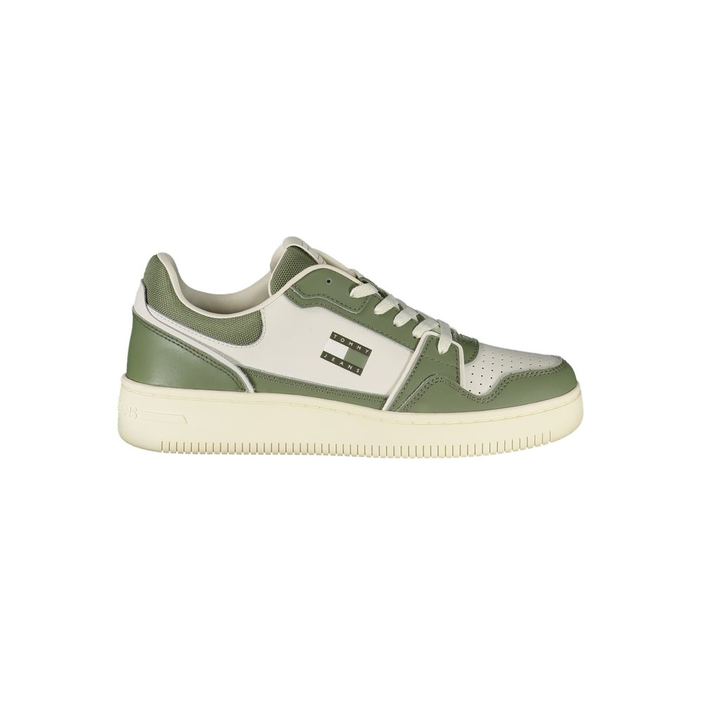 Tommy Hilfiger Green Leather Men Sneaker with white accents and lace-up design showcasing modern style and comfort.