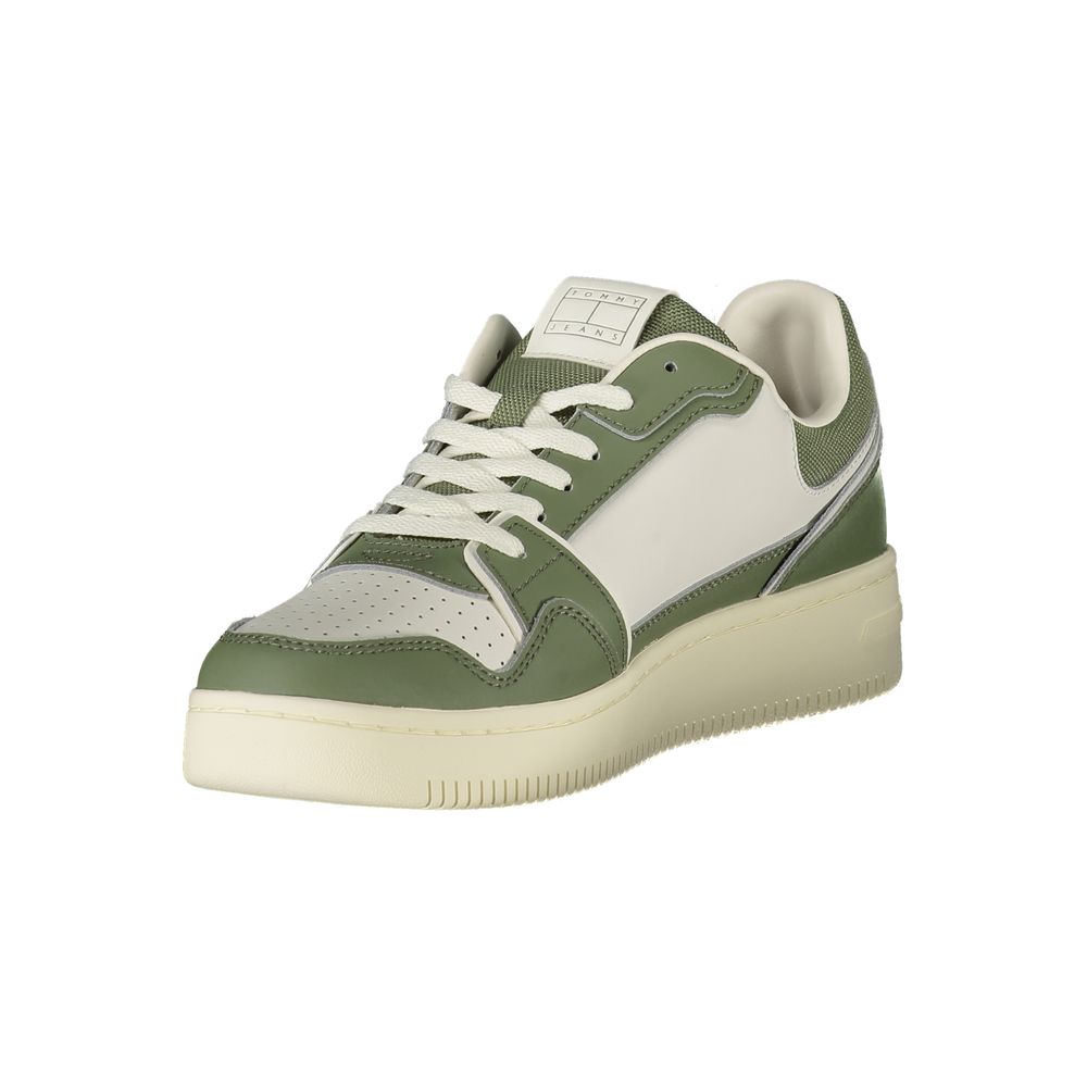 Tommy Hilfiger Green Leather Men Sneaker with white accents and removable footbed, showcasing modern design and iconic logo.
