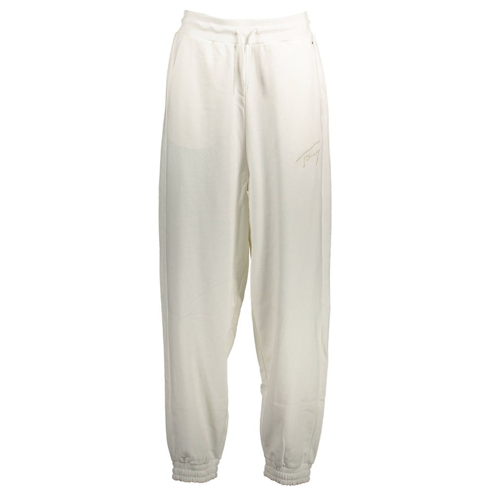 Tommy Hilfiger White Cotton Pant featuring elastic waistband, laces, dual pockets, embroidery logo, made from recycled fiber blend.