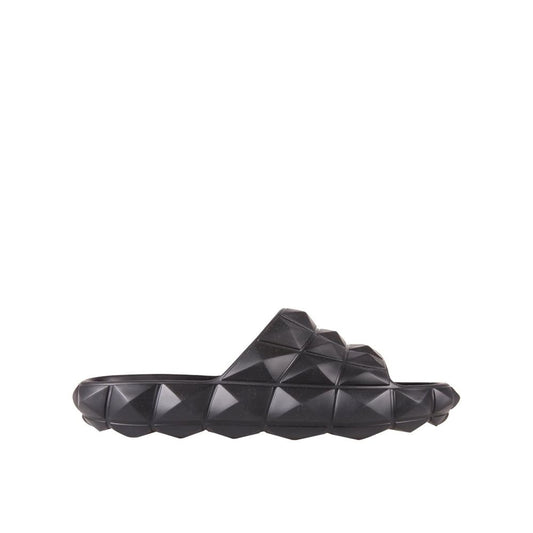 Valentino Garavani Black Rubber Slippers with all-over studs, round open toe design, made in Italy for men.