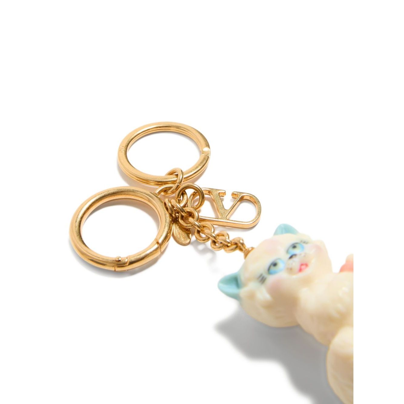 Valentino Garavani Le Chat De La Maison Nylon Bag Charm with Keychain featuring light beige cat charm and V logo keyring detail.