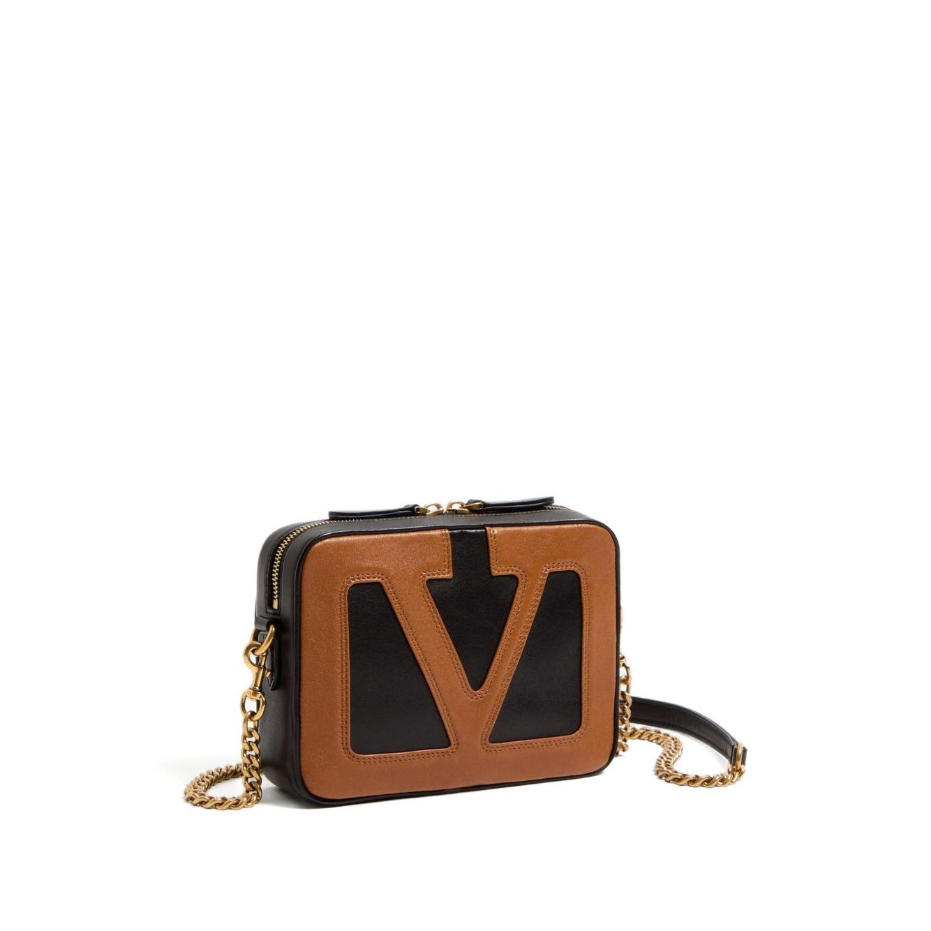 Valentino Garavani Viva Superstar leather camera bag in black with adjustable shoulder strap and chain-link detail.