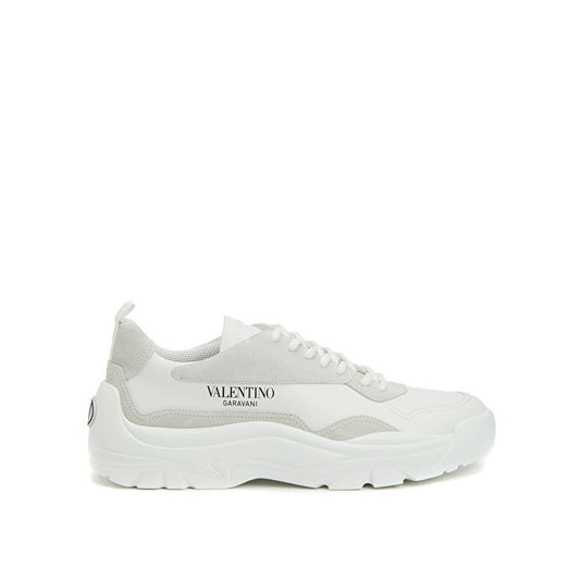 Valentino Garavani White Leather Low Top Sneakers with suede detail and contrast logo print, men's fashion footwear, lace-up design, Italian made.