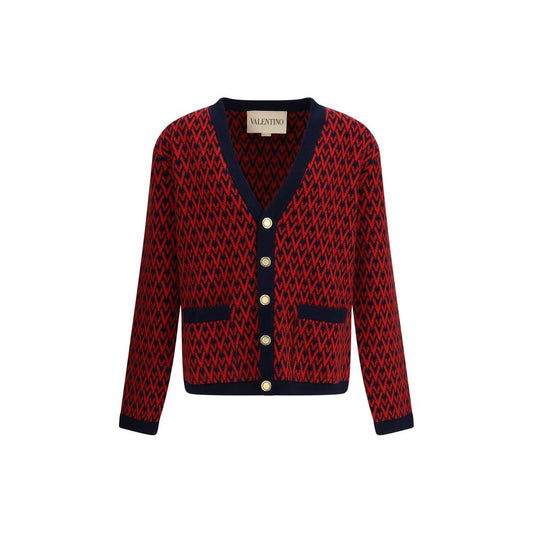 Valentino Multicolor Fleece Wool Cardigan with all-over V logo pattern, ribbed hems, and embossed buttons for a refined autumn-winter look.