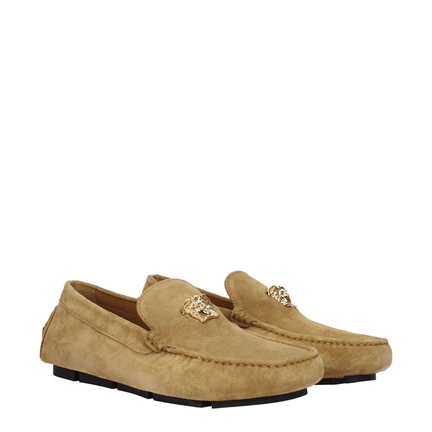Versace Beige Leather Slip-On Loafers with gold logo, suede exterior, low flat heel, and round toe design, casual footwear.