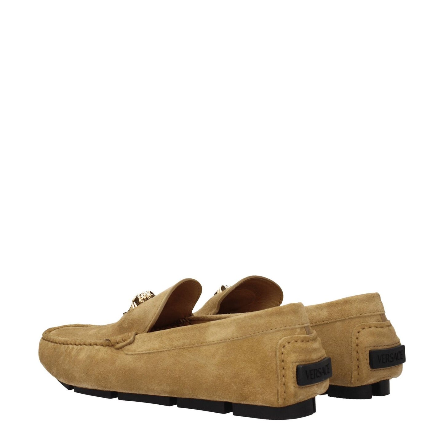 Versace Beige Leather Slip-On Loafers with gold logo, suede material, round toe, and low flat heel. Casual style and sand color details.
