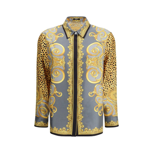 Versace Silk Cheetah Foulard Shirt with animal motifs and baroque elements, featuring long sleeves and a Medusa button, elegant design.