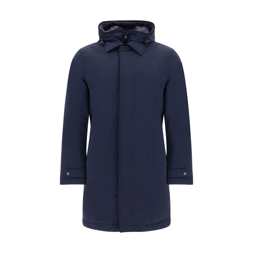 Woolrich Carcoat Down Jacket, navy, high-neck with removable hood, quilted design, adjustable cuffs, zippered pockets, polyester, AW25