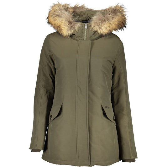 Woolrich Green Cotton Jackets & Coat with hood, removable fur, two pockets, zip and buttons, featuring logo
