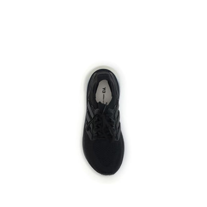 Top view of Y-3 Black Fabric Athletic Sneakers with Yohji Yamamoto’s signature design and TPU heel cage.