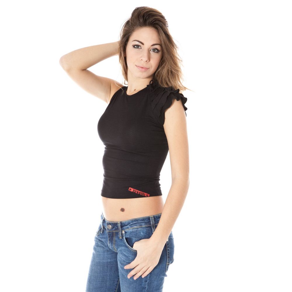 Woman wearing Zuelements Black Lycra Women Top with short sleeves and crew neck, showcasing elegant style and Italian craftsmanship.